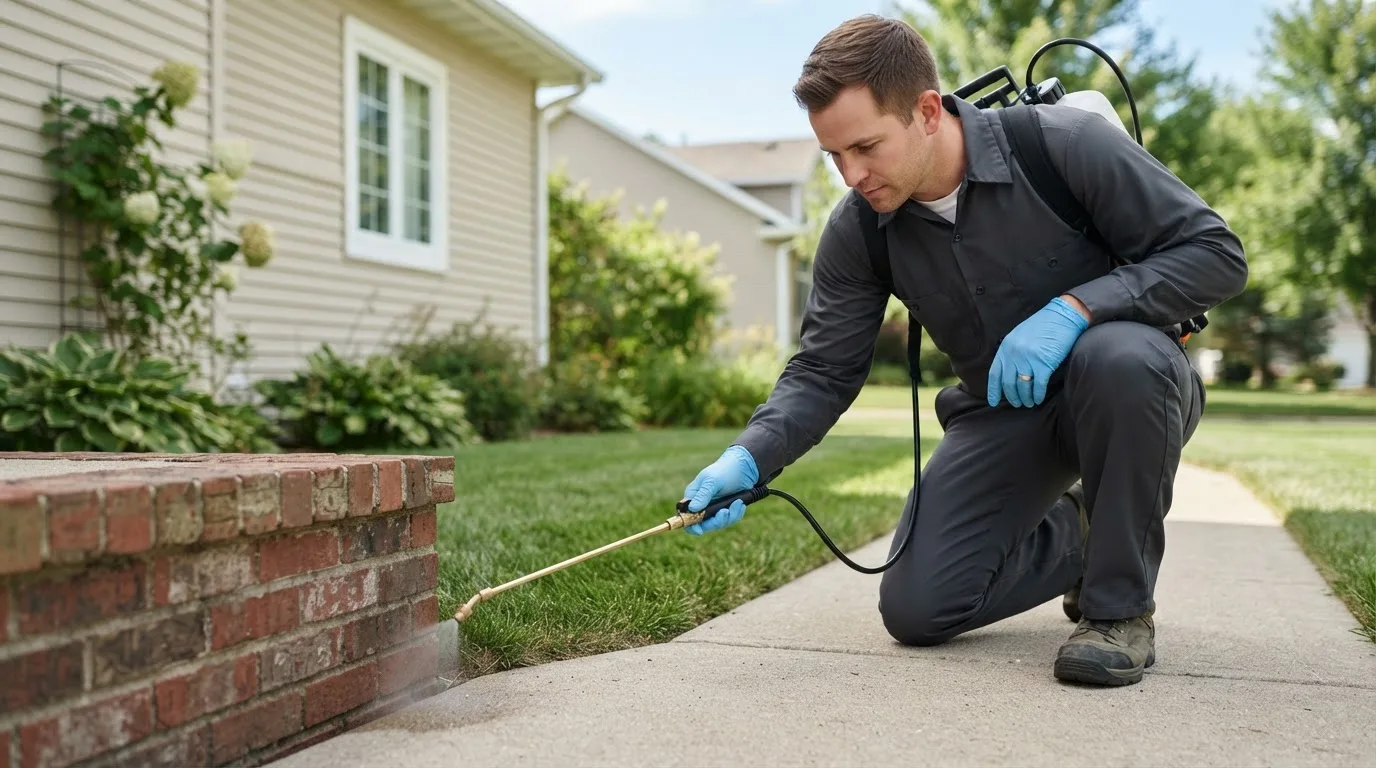 Pest control technician treating a home near North Yarmouth, ME