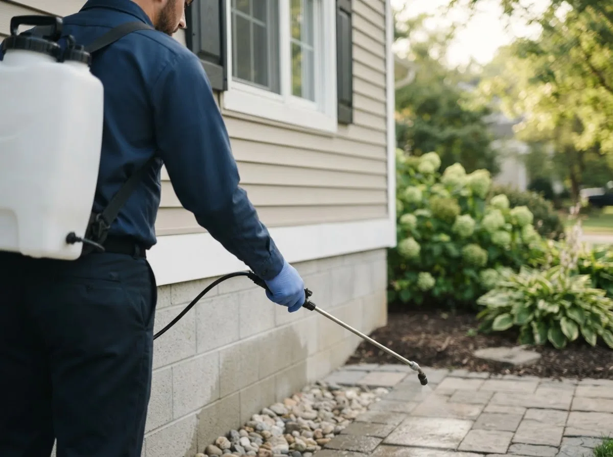 Pest control technician inspecting a home in North Yarmouth, ME